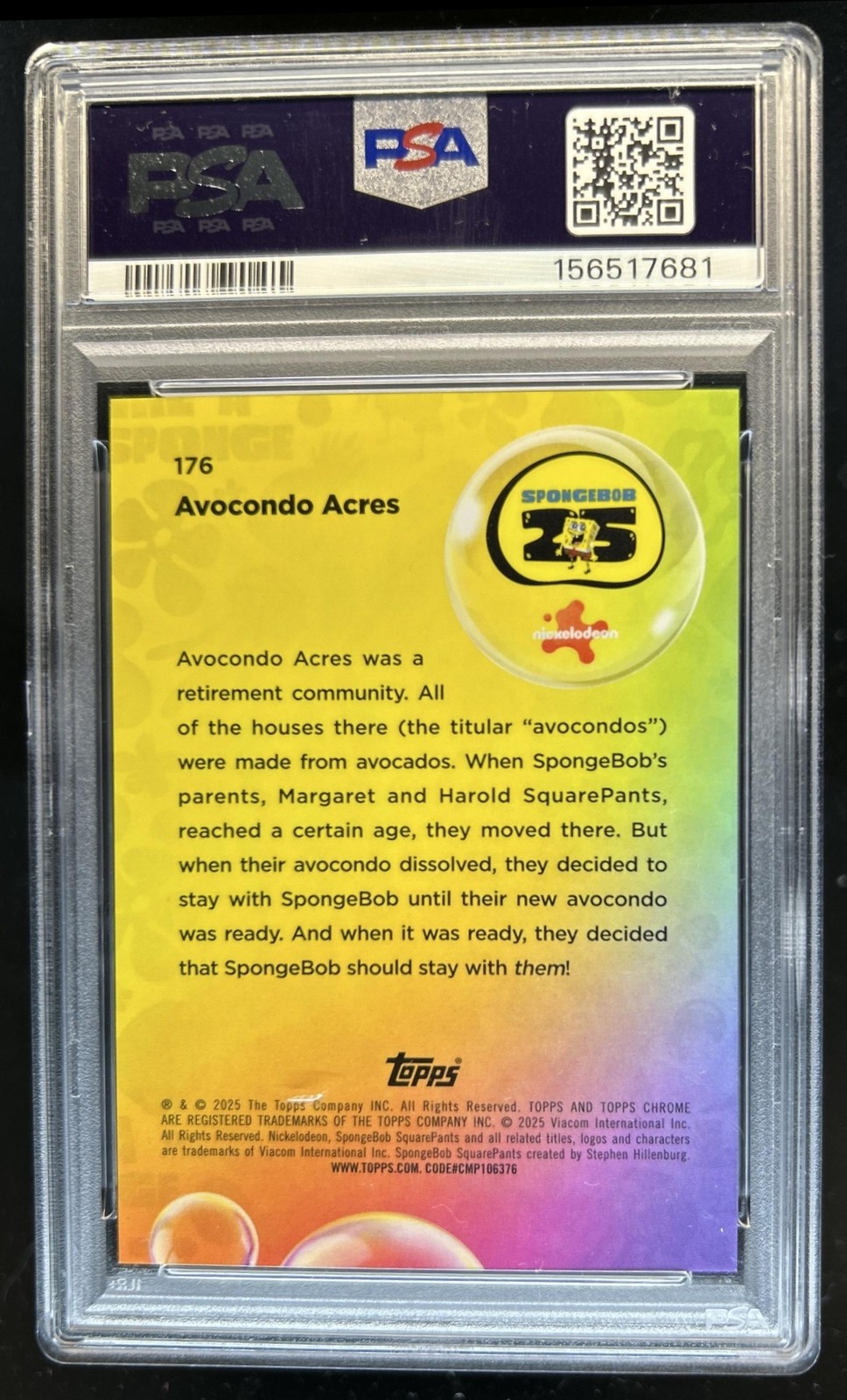 2025 Topps Chrome SpongeBob Sapphire Avocondo Acres Black #/10 PSA 10 GEM MINT view 2