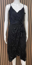 Anthropologie Giverny Women's 2 Black Dress Satin Slip Midi Belted Holiday Wrap
