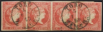 Castilla Y León. Philately. Used 48(3). 1856. 4 Red Quarters, Strip Of Four