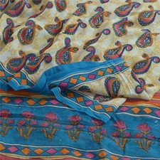 Sanskriti Vintage Sarees Ivory Pure Georgette Silk Printed Sari 5Yd Craft Fabric