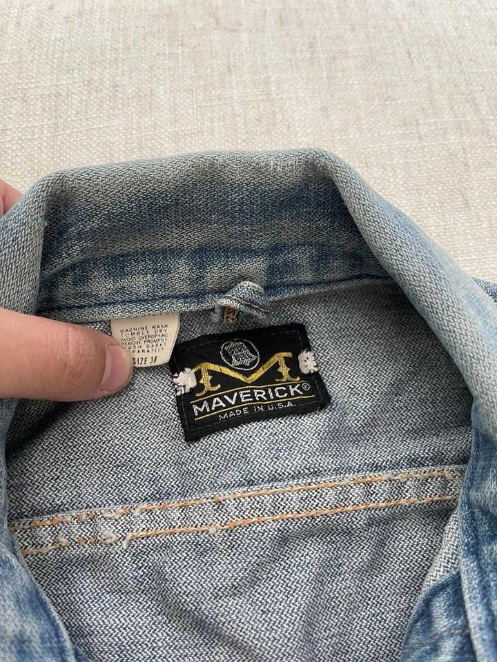 复古 60 年代 70 年代 Maverick 牛仔卡车司机夹克 38 中号蓝色破旧磨损 — 第 3/4 张图片