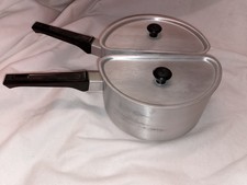 Aluminium Split Half Moon Double Saucepan Cooking Pots with Lids. Free Postage 
