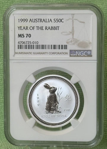 1999 ** 50c ** Australia Lunar ** Year of The Rabbit ** 1/2 Oz. ** NGC MS70 **