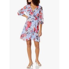 Adrianna Papell Floral Wrap Dress Ruffle V Neck 3/4 Sleeve Light Blue Size 4