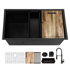 32 In. Undermount Single Bowl 18 Gauge Black Stainless Steel Workstation Kitchen