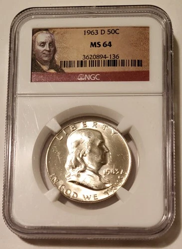 1963 D Franklin Half Dollar MS64 NGC Portrait Label