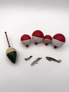 Vintage Fishing Tackle Lot - Marathon Spoon, Wood Stick Bobber, Lures & Floats