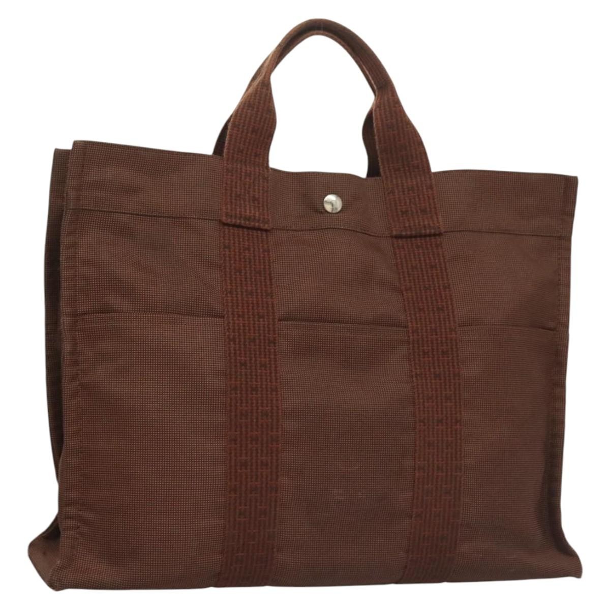 HERMES Her Line MM Tote Bag in Brown Canvas with Silver Hardware Authentic th6106