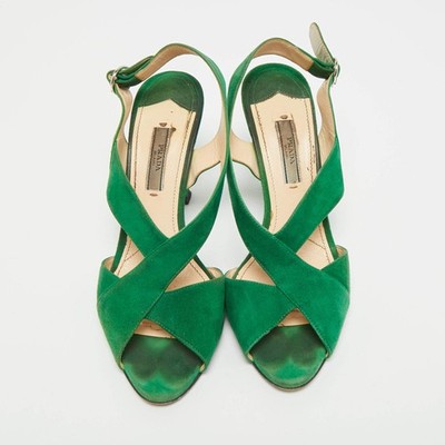 Prada Size 38 Green Suede Criss Cross Open Toe Slingback Sandals