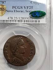 PCGS VF25 CAC  Nova Eborac {Seated Left}  1787 New York Colonial Copper Coin