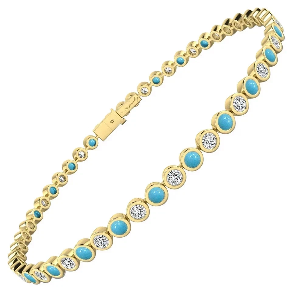 7Ct Round Cut Lab Created Turquoise Women Tennis Bracelet 14k Yellow Gold Finish - Image 3 of 3