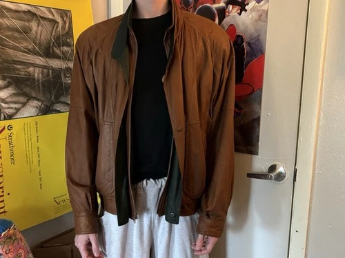 Vintage Brown Leather Bomber Jacket Double Collar Pockets USA Remy - product listing photo