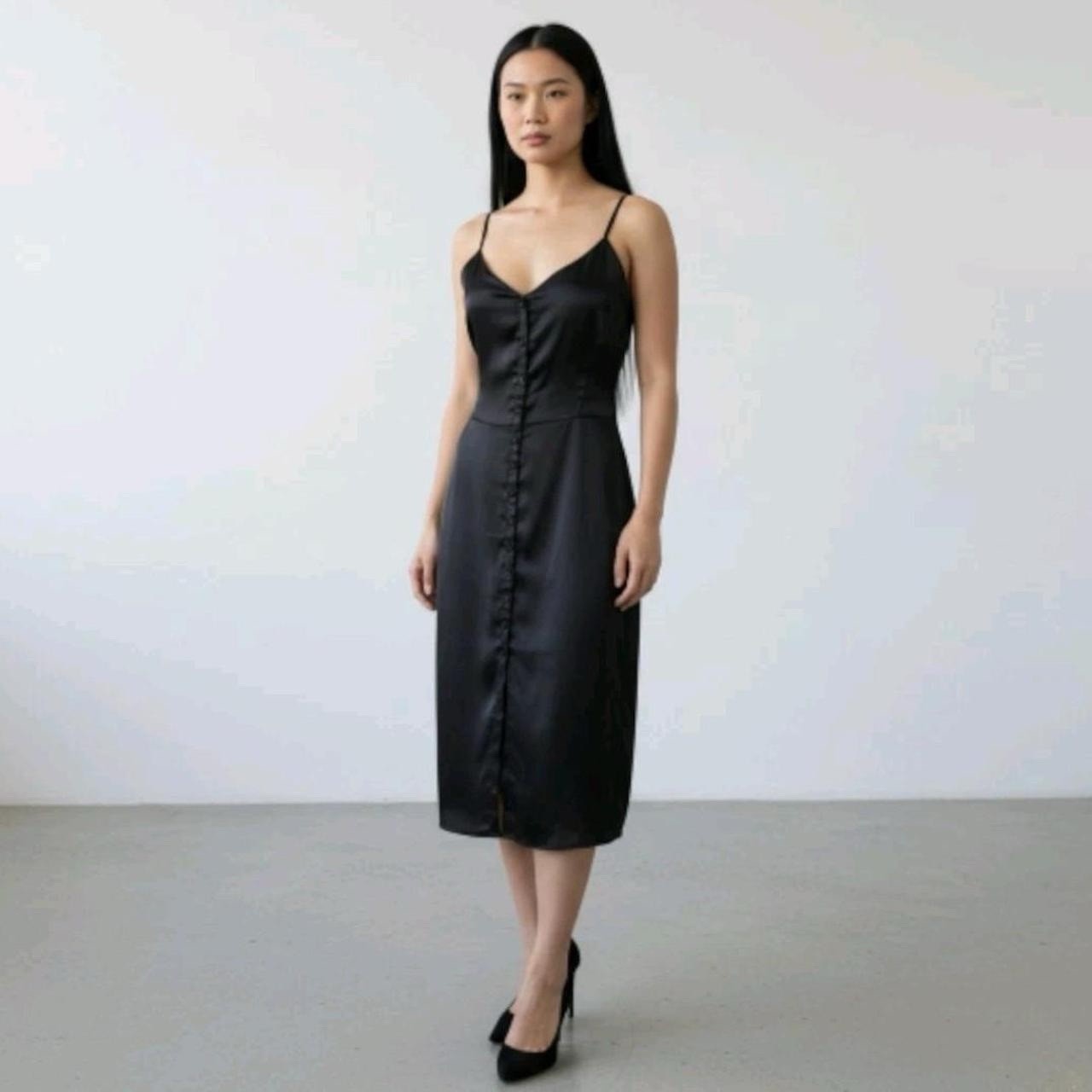 Abercrombie & Fitch Women's Black Silk Satin Slip Midi Dress Button Front M