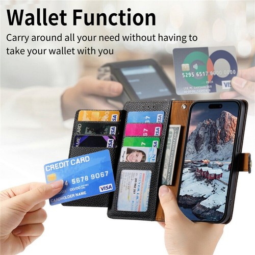 For iPhone 16 15 14 13 12 11 Pro Max RFID Zipper Leather Wallet Case Flip Cover - Picture 20 of 91