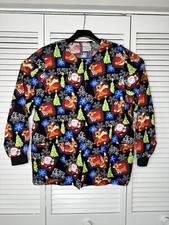 Womens Medical Nursing Scrub Medium Christmas Rudolph Santa Long Sleeve Black