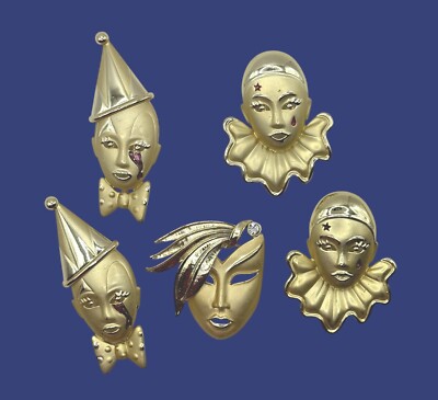 1980s Harlequin Pierrot Clown Brushed Satin Gold Toned Brooches Lot