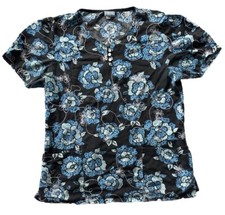 Women  s White Swan Scrub Top Size medium. Black With Blue  White Floral Pattern