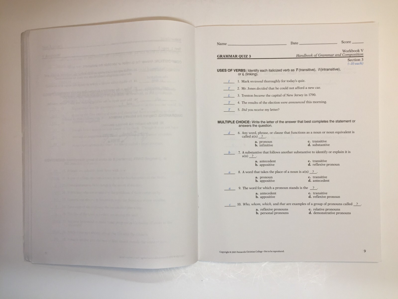 A Beka Book Workbook V for Handbook of Grammar & Composition Test/Quiz Key