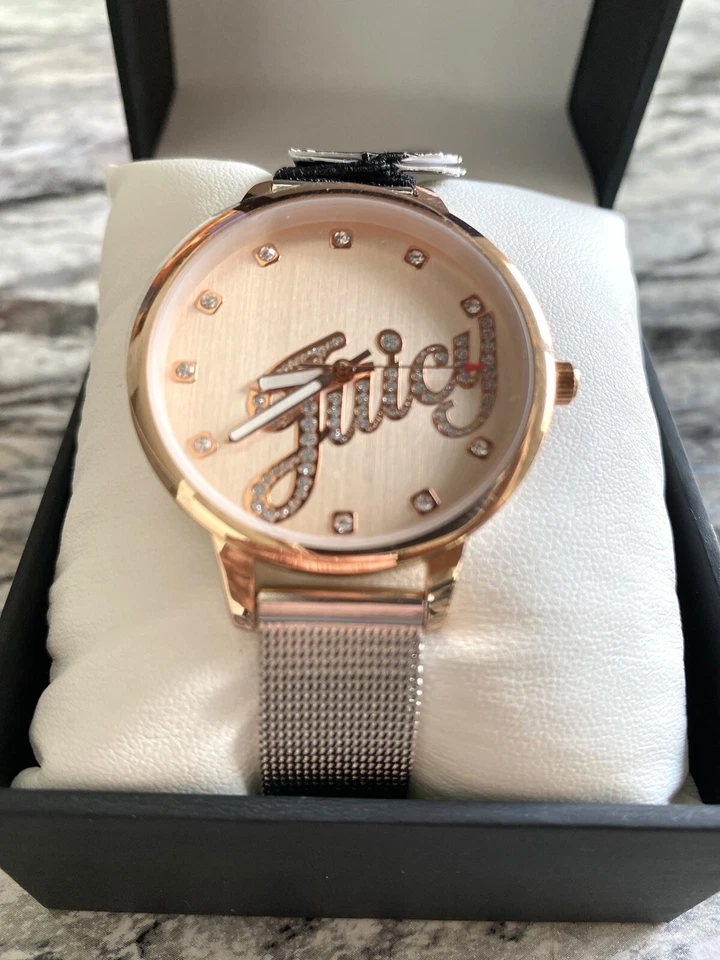 Reloj Juicy Couture etiqueta negra para mujer oro rosa y plata esfera cristales jugosos Foto 4 de 4