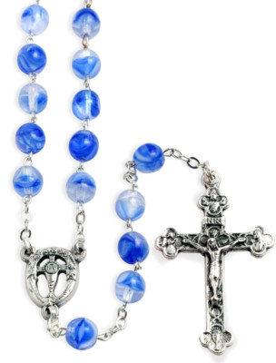 NEW MADE IN ITALY LOVELY BLUE GLASS BEAD ROSARY WITH COMMUNION CHALICE CENTER