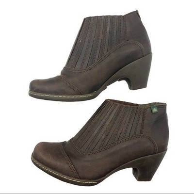 El Naturalista Brown Leather Ankle Boots Womens Sz EU 37/US 7 Slip On Stack Heel