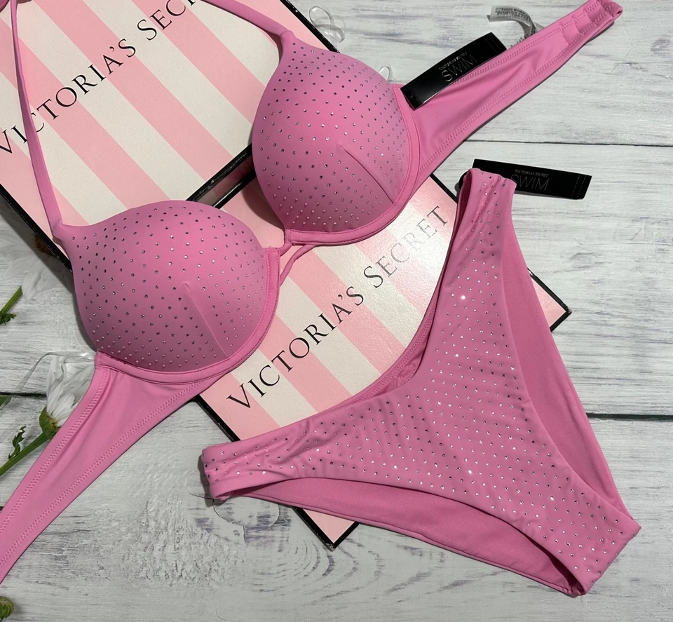 Victoria's Secret Swim Shine Bombshell Bikini Push-Up 2 Pièces Diamanté Rose - Photo 1/4