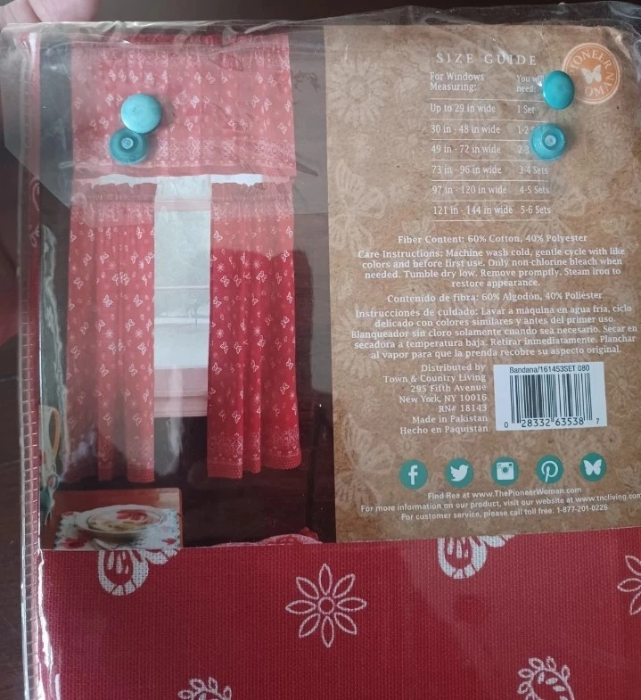 Juego de cortinas de 3 piezas bandana mujer Pioneer, rojo/blanco, 30"X36", NUEVO en paquete  Foto 2 de 3