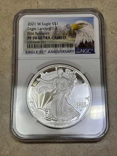 2021-W PF-70 ULTRA CAMEO FIRST RELEASE T-2 EAGLE LANDING NGC BALD EAGLE LABEL