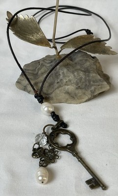 90s Artisan Leather Cord Necklace 35  Genuine Pearl Brass Key Flower Charms