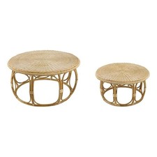 Benjara 32- 40" Coffee Table Set of 2- Round Tops- Handwoven Rattan- Brown