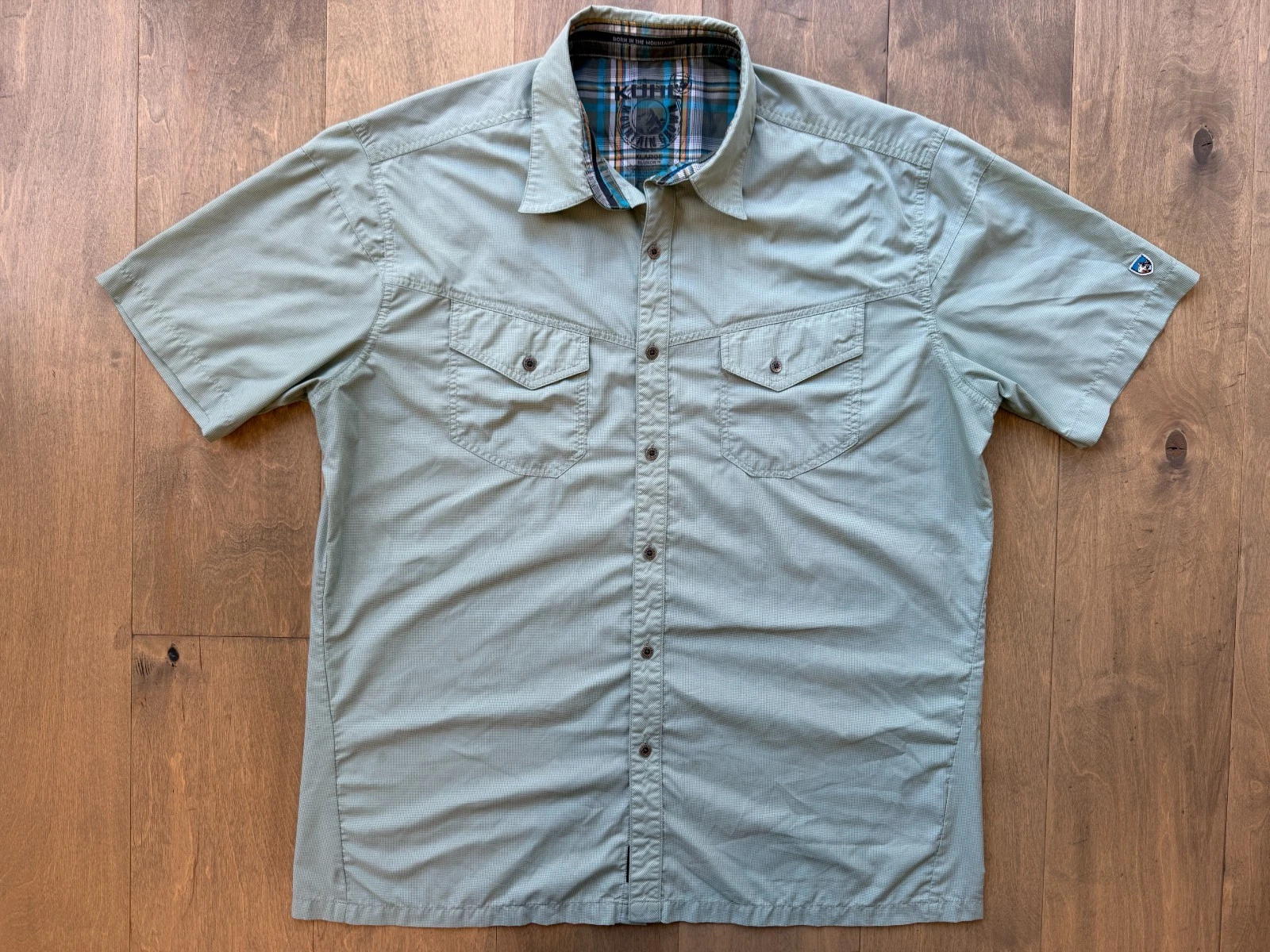 Kuhl Eluxur Green Olive Lightweight Short Sleeve Polo Hiking Shirt Men's Size XL