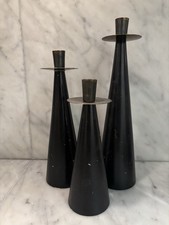 Signed Black Wood Brass Candlesticks Set 3 Graduated MCM Danish Modern Trio