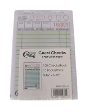 Choice 10 Books Guest Check 1 Part Green Paper 100 Check/Book 3.46" X 5.12"