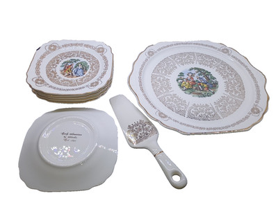 Dessert Server 6PC Set MCM Vintage 22K Gold Cake Plate Queen Anne Early American