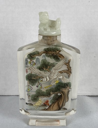 Vintage ATQ Chinese Reverse Painted Crystal Glass Snuff Bottles Jade Like Top