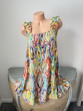 Boho Art SunDress L Colorful Maximalist Ruffle Strap Shift Rayon Summer Gypsy