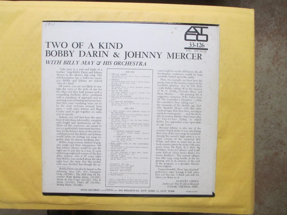 BOBBY DARIN & JOHNNY MERCER "TWO OF A KIND" ATCO-126 VG++ MONO ORIG 1'ST PRESS - Image 2 of 2