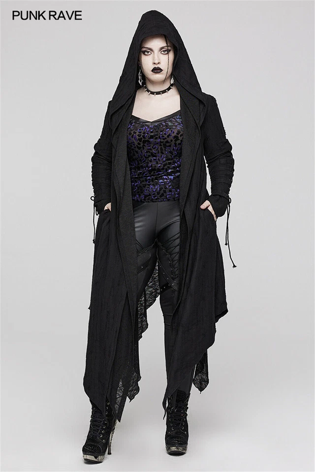 Gabardina Punk Rave para mujer negra gótica decadente con capucha larga talla grande Foto 3 de 4