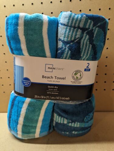 MAINSTAYS BEACH TOWELS 2 PK 28x58 HANGING LOOP QUICK-DRY Recycled Polyester New - Picture 1 of 8