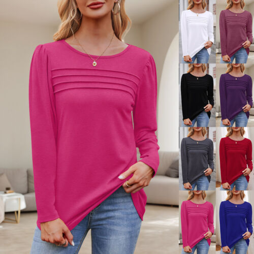 Womens Striped Round Neck Tunic Tops Ladies Long Sleeve Casual T Shirt Blouse