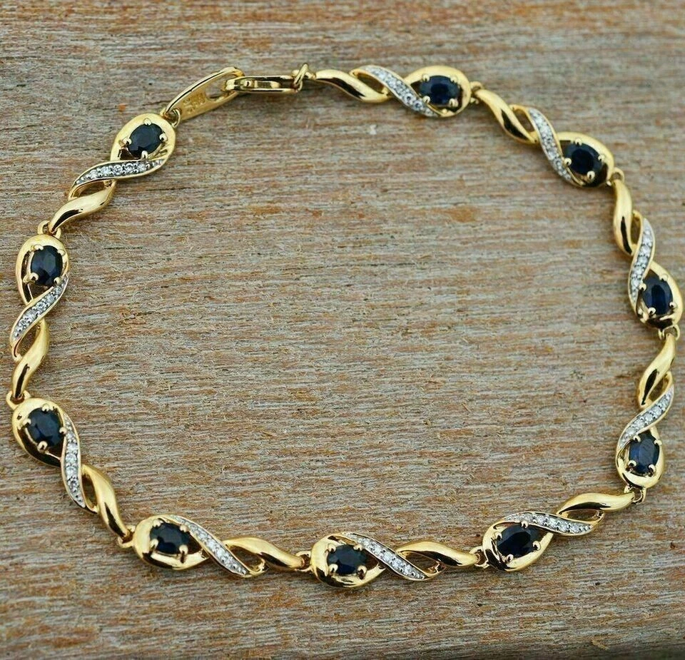 14K Yellow Gold Plated 5Ct Oval Cut Blue Sapphire Lab Created Women's Bracelet - Image 2 of 4