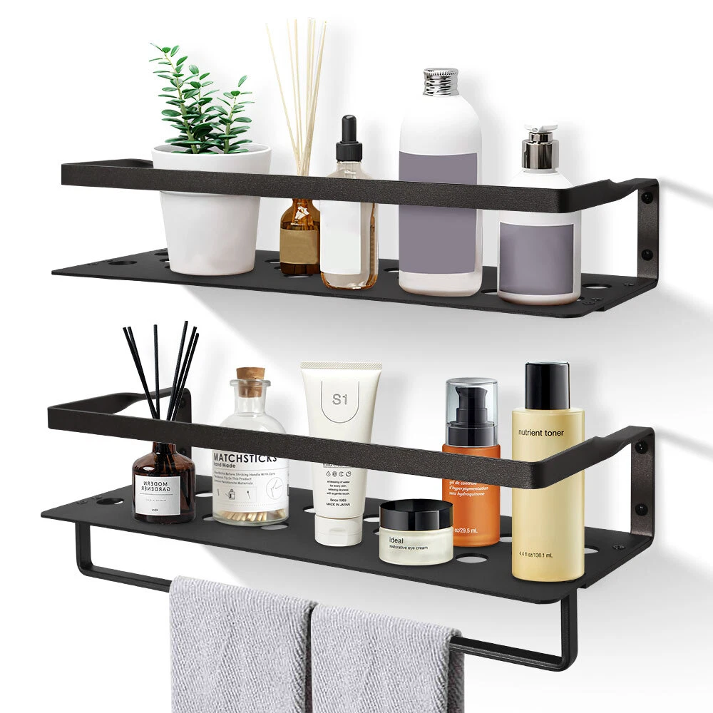 2PCS Space Aluminum Floating Shelves Wall Mounted w/ Towl Rack,26.5lb capacity