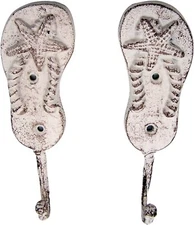 Set of 2, Cast Iron Pair of White Washed Flip Flop Wall Hooks, Beach Home Decor