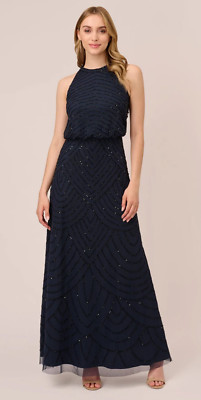 NWT $199 SIZE 10 Adrianna Papell Art Deco Beaded Blouson Halter Gown Black