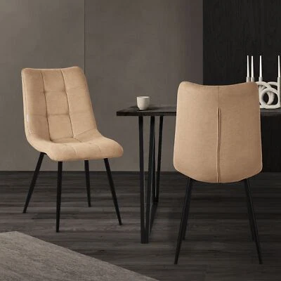 Set 2 chaises de salon salle à manger tissu polyester marron clair pied en acier - Photo 1/4