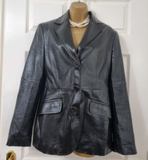 Massimo Dutti Women's Classic Genuine Ovin Leather Blazer Jacket Sz M Uk12 Black
