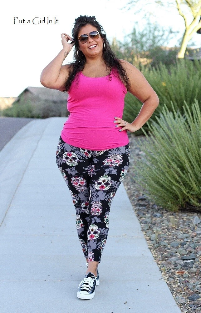 New PLUS SIZE BLACK PINK SUGAR SKULL LEGGINGS ONE SIZE 1X 2X 3X TRUE Sizes