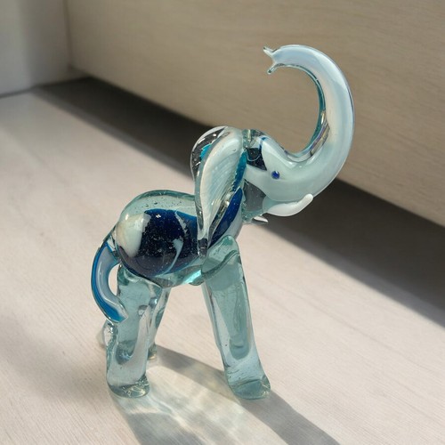 Hand Blown Glass Elephant Cobalt Blue Swirl Glass 7.5” - Picture 9 of 15
