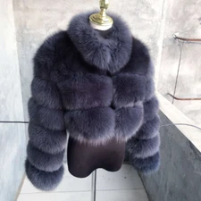 Women Real Fur Cropped Stand Collar Coat Warm Jacket Winter Outwear Streetwear