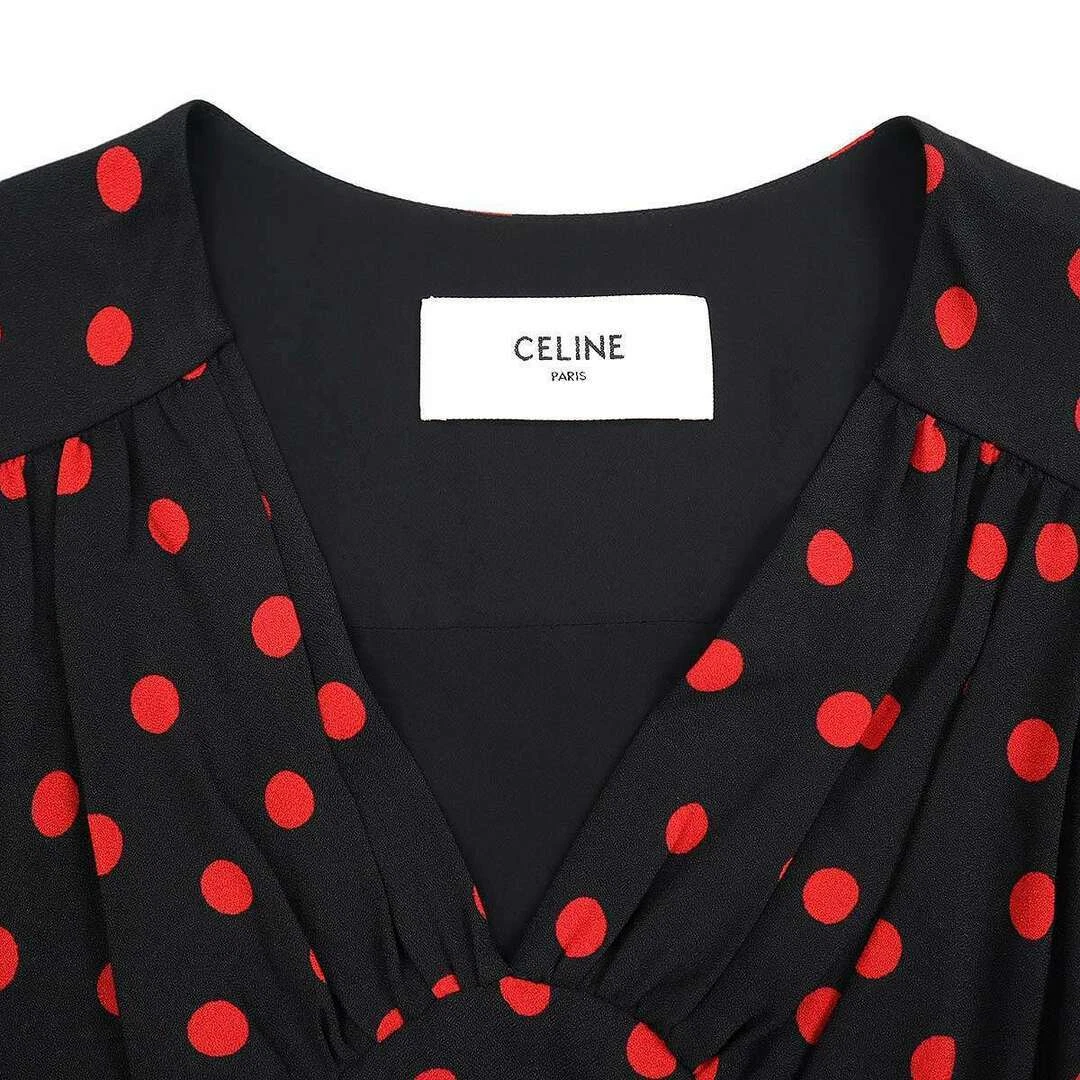 Abito Celine Drappeggio Scollo A Pois 2R378334F Nero Rosso 34 Usato0